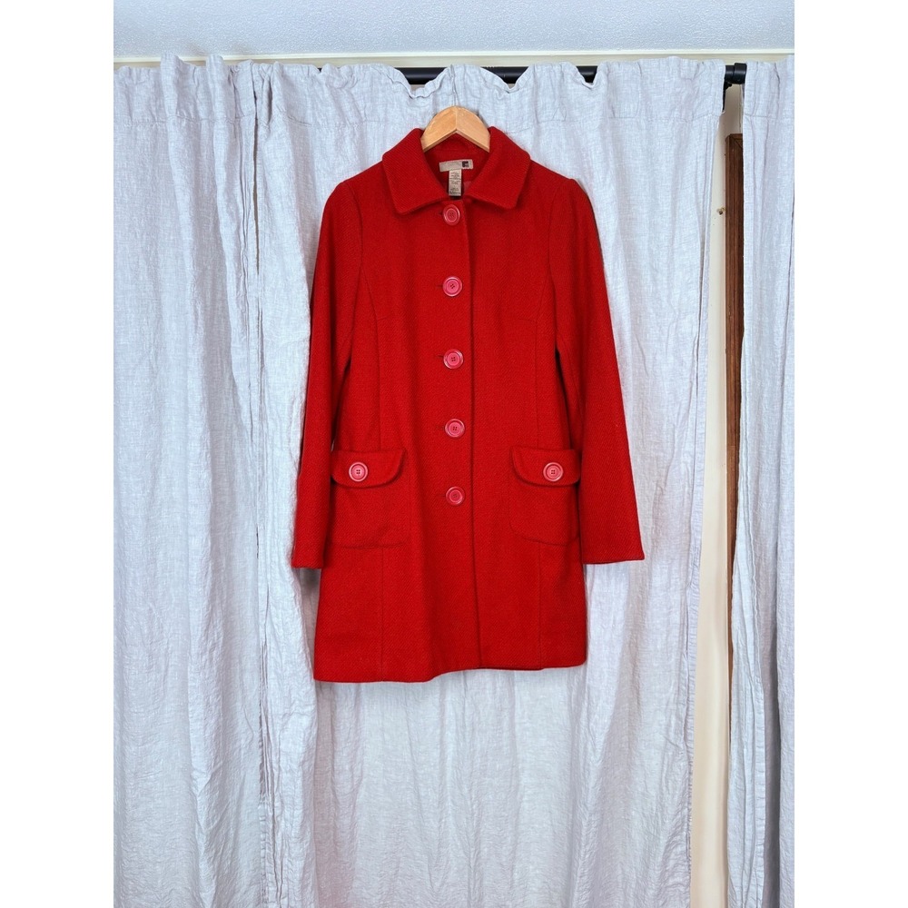 Cherry Red Wool Blend Coat Womens Large Tailored Button Front Winter‎ Jacket